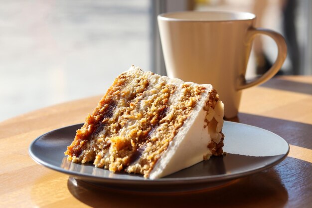 A piece of carrot cake on the table with a cup of coffee or tea closeup Selective focus