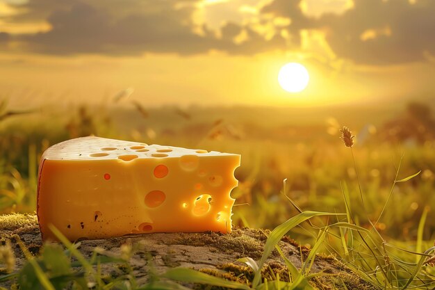 Piece of cheese is sitting on a rock in a field at sunset