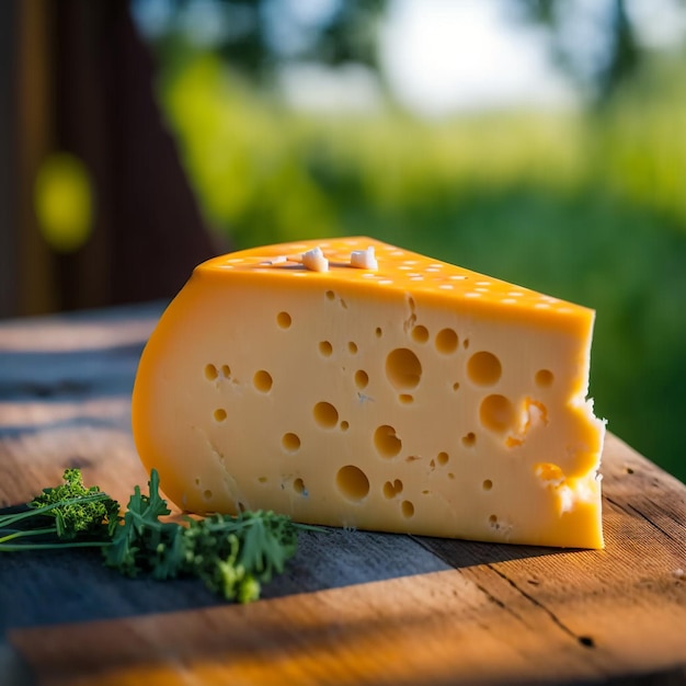 piece of cheese on wood and nature background 3d render