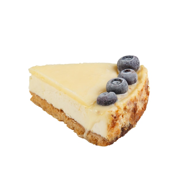 A piece of cheesecake decorated with blackberries