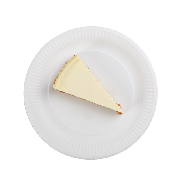 A piece of cheesecake on a paper plate