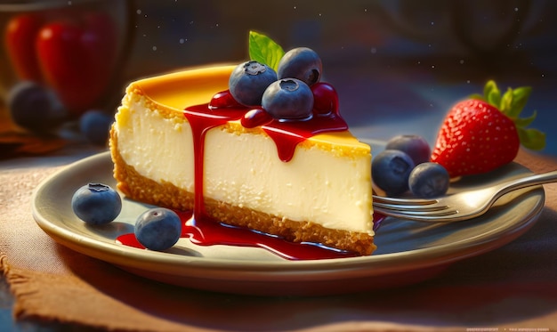 Piece of cheesecake on plate with blueberries and fork Generative AI