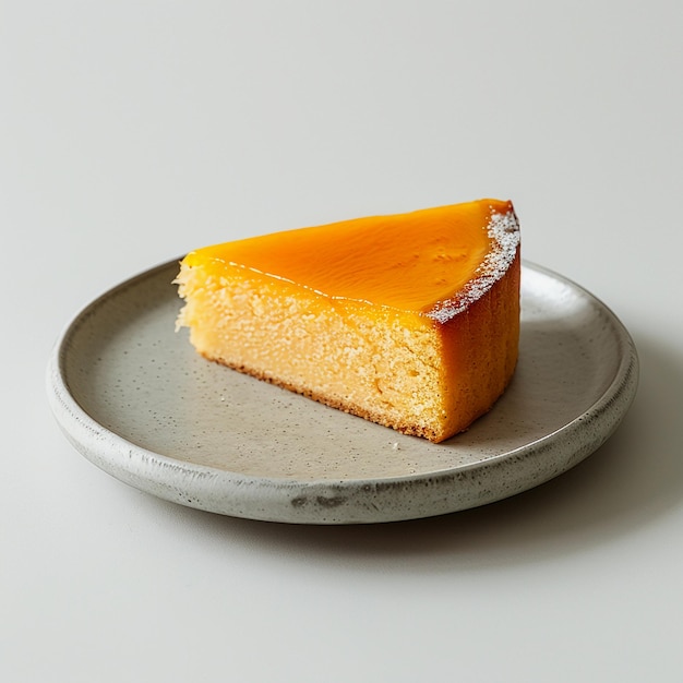 a piece of cheesecake sits on a plate with a piece of cheese on it