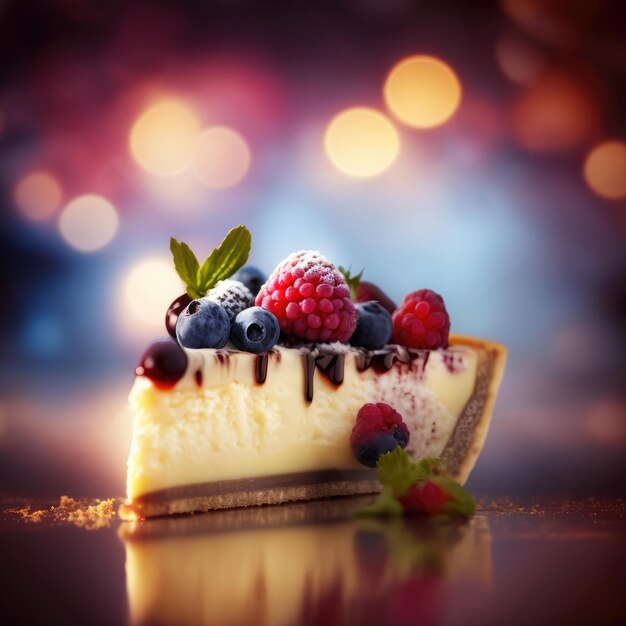 Piece of cheesecake with berries cinematic light Generative AI