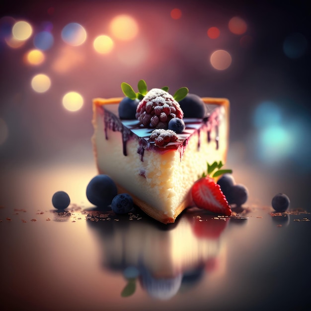 Piece of cheesecake with berries cinematic light Generative AI