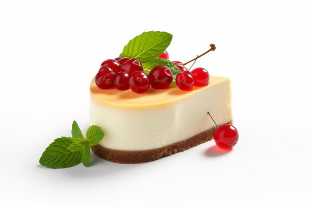 A piece of cheesecake with cherries and mint leaves on the top.