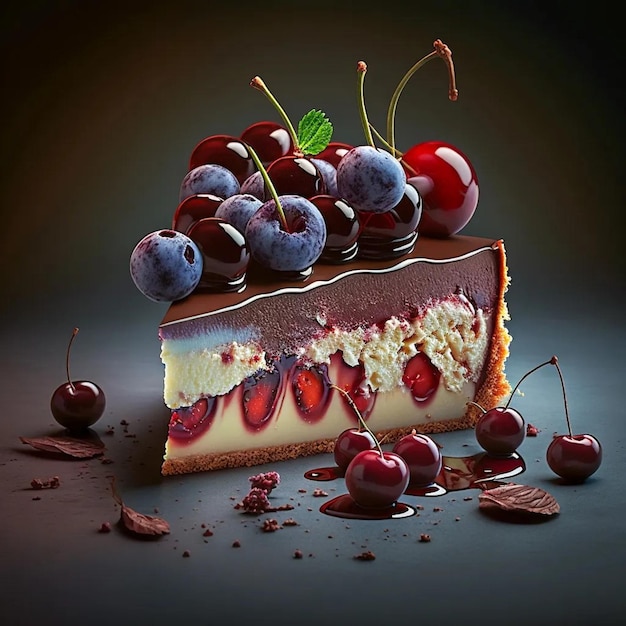 A piece of cheesecake with cherries on top of it.