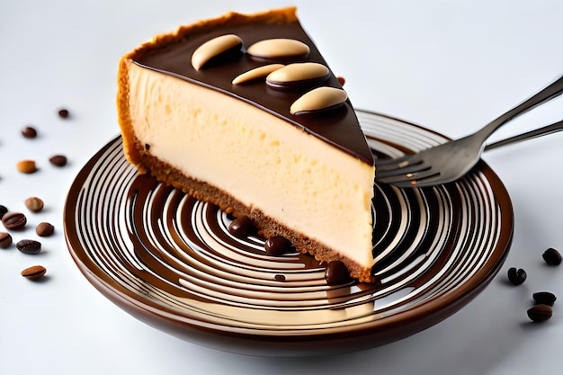 A piece of cheesecake with chocolate on it and a fork on the side.