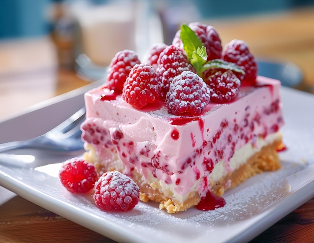 Piece of cheesecake with fresh strawberries and mint