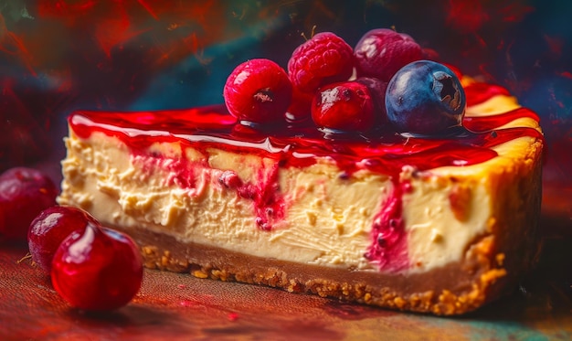 Piece of cheesecake with raspberries and blueberries on top Generative AI