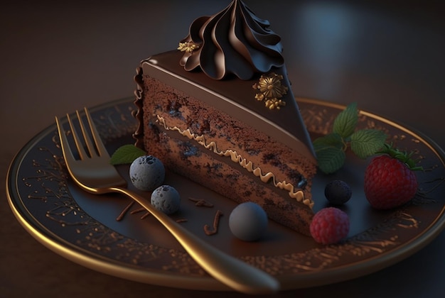 A piece of chocolate cake on a plate with cutlery generative ai