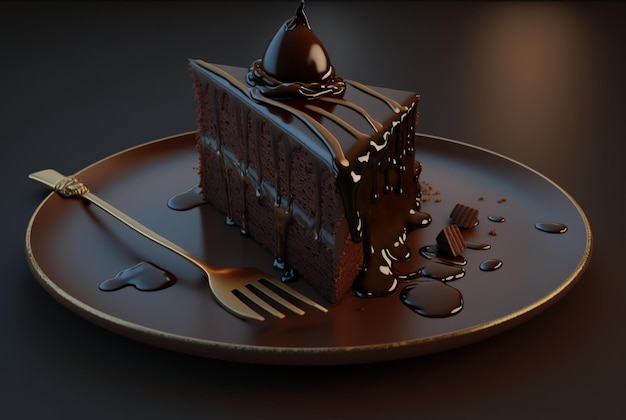 A piece of chocolate cake on a plate with cutlery generative ai