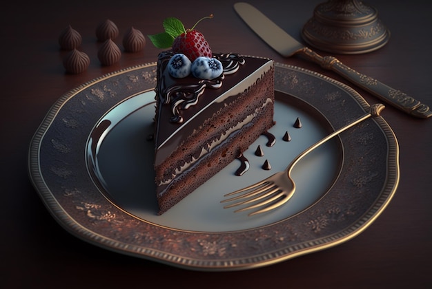 A piece of chocolate cake on a plate with cutlery generative ai