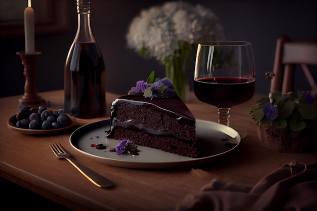 A piece of chocolate cake on a plate with a glass of winegenerative ai