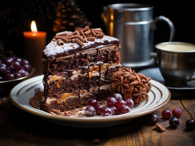 A piece of chocolate cake on a plate with grapes Photorealistic AI image