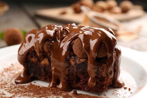 A piece of chocolate cake on the table closeup