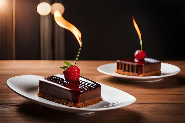 A piece of chocolate cake with a candle that says " chocolate ".