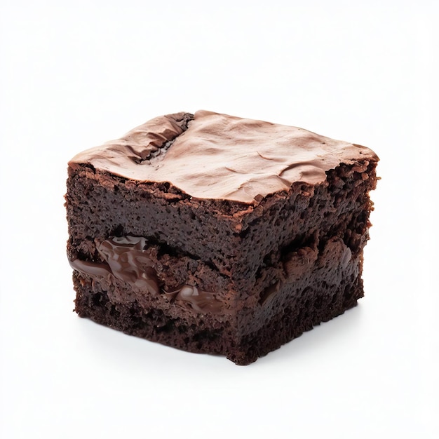 a piece of chocolate cake with chocolate frosting and a white background.