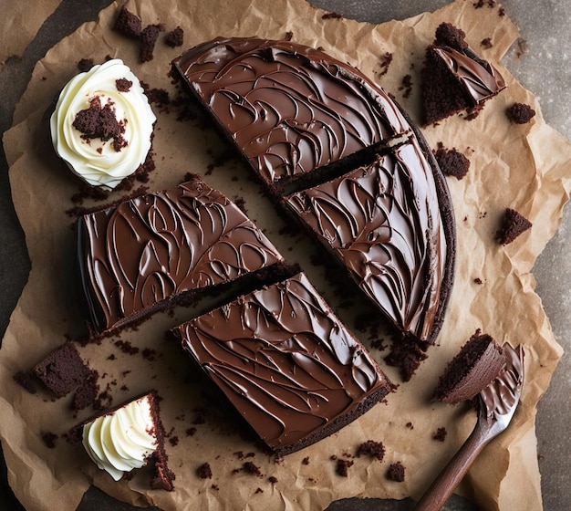 A piece of chocolate cake with chocolate icing and a piece of chocolate frosting.