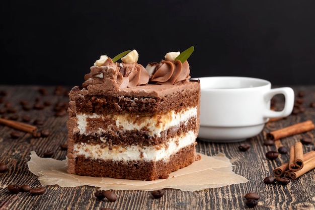 A piece of chocolate cake with cottage cheese filling