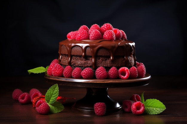 Piece of chocolate cake with cream on a blue plate