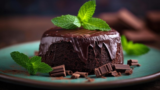 A piece of chocolate cake with mint on the table