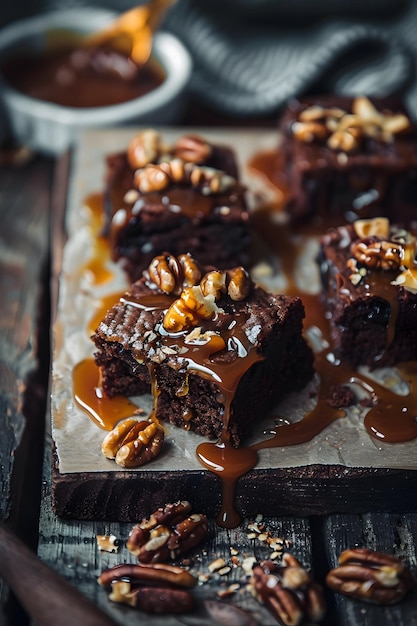 Photo a piece of chocolate cake with nuts and caramel sauce