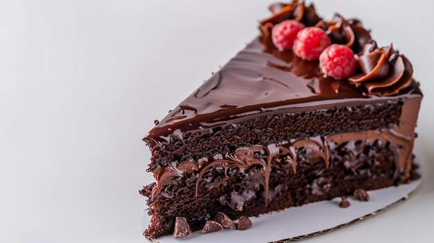 a piece of chocolate cake with raspberries on it