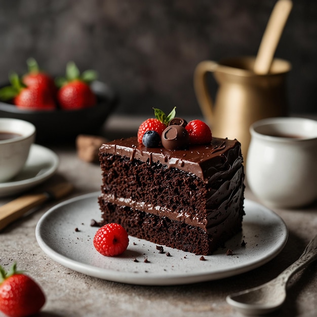 a piece of chocolate cake with strawberries on a plate