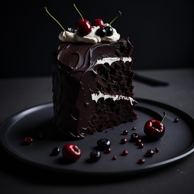 A piece of chocolate cake with whipped cream and cherries on top.