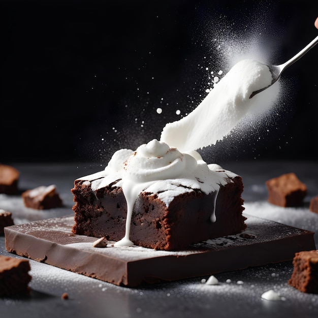 a piece of chocolate cake with whipped cream on it