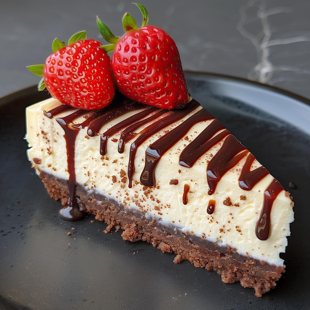 Piece of chocolate cheesecake with strawberries on a black plate