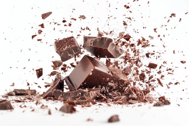 Photo piece of chocolate explosion isolated on white background with clipping path full depth of field