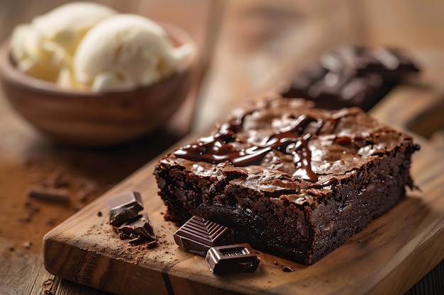 A piece of chocolate fudge brownie with chocolate pieces on it