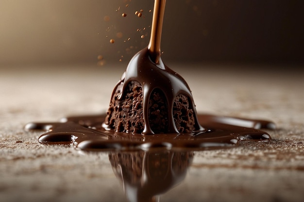 A piece of chocolate is being poured into a splash