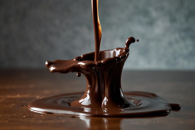 A piece of chocolate is poured into a splash of liquid