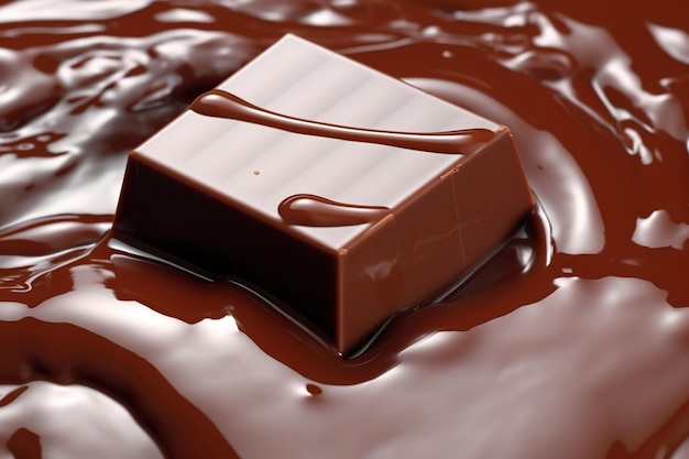 A piece of chocolate sitting on top of a puddle of chocolate generative ai image