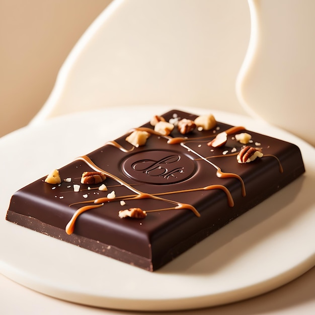 a piece of chocolate with nuts on it sits on a plate