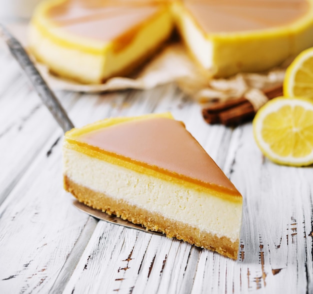 A piece of delicious caramel cheesecake