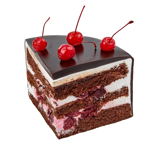 A piece of Drunk cherry cake based on chocolate biscuit cream alcoholized cherries and cognac