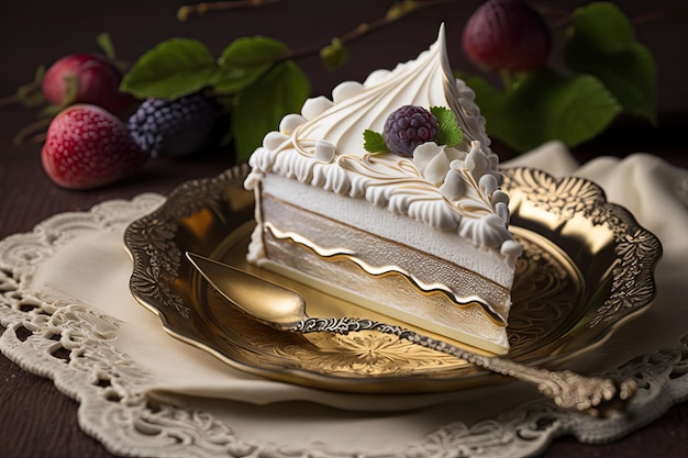 Piece of elegant meringue cake with beautiful decorations for holiday