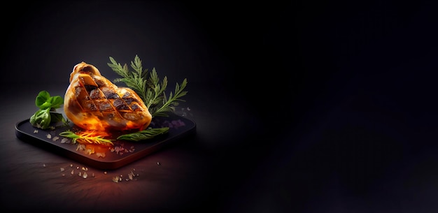 A piece of food with a black background and a black background with a picture of a chicken on it.