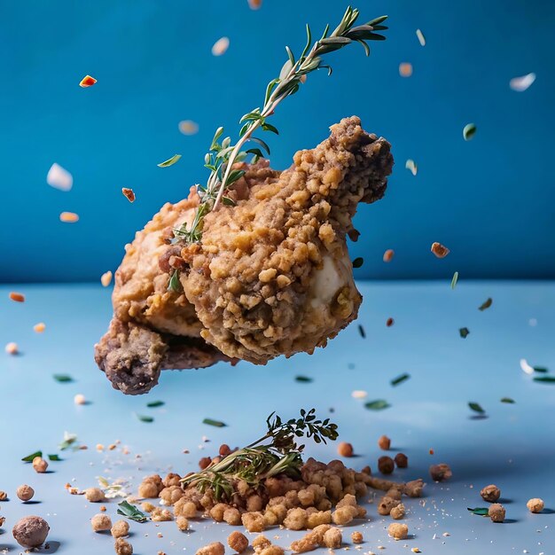 Photo a piece of fried chicken with crumbs and herbs flo