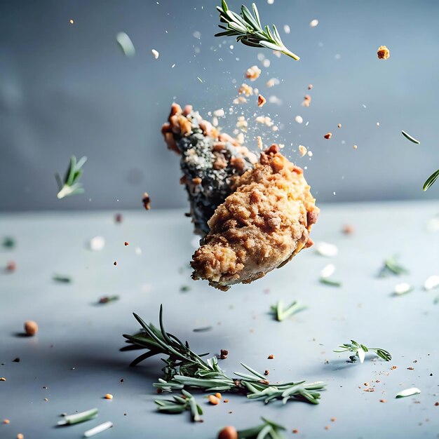 Photo a piece of fried chicken with crumbs and herbs flo