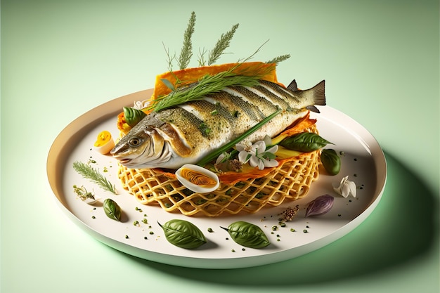 A piece of fried fish pike perch with vegetables