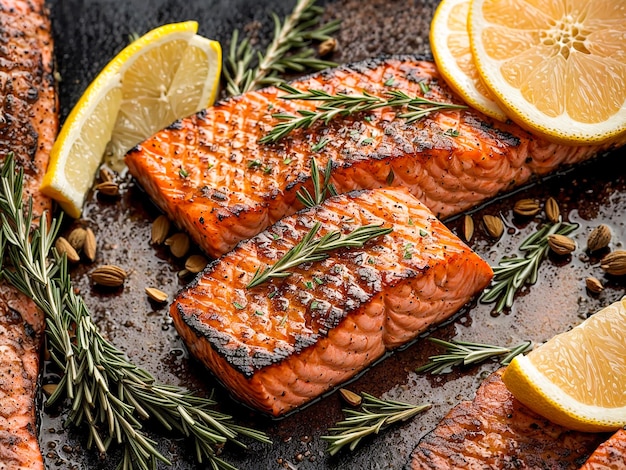 Piece of fried salmon lemon rosemary