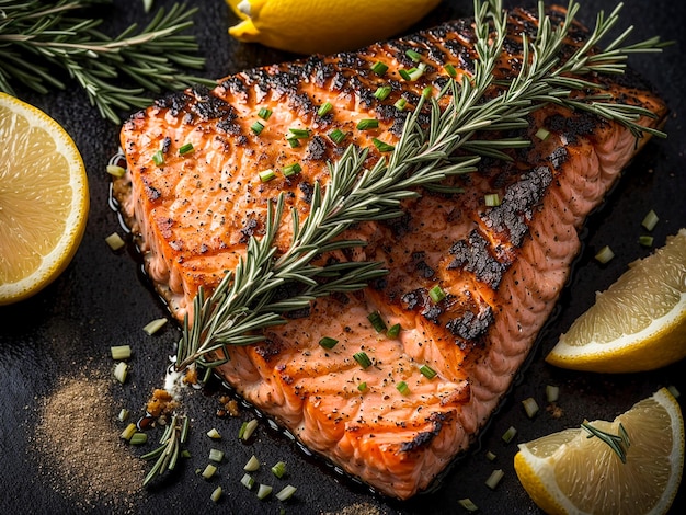 Piece of fried salmon lemon rosemary