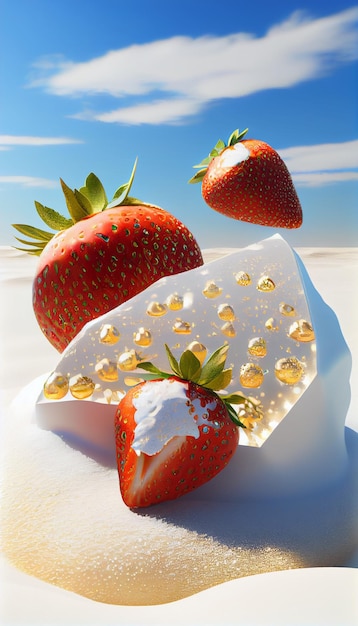 A piece of fruit with a piece of cheese on it and the word " strawberry " on the bottom.