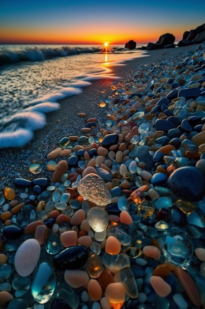 Piece of glass sitting on top of a beach next to the ocean generative ai