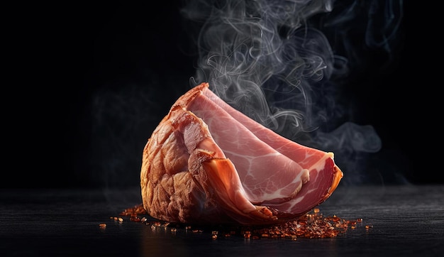 a piece of ham smoking in front of dark background in the style of smooth and curved lines